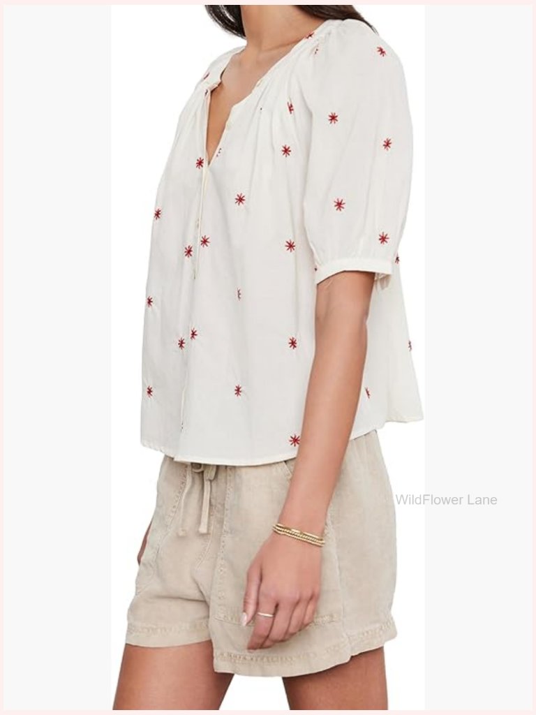 Novelty Embroidery Top - Notch Neck Half Sleeve